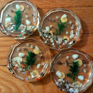 Lucite Resin Coasters Seashell Seaweed USA Set of 4 Vintage